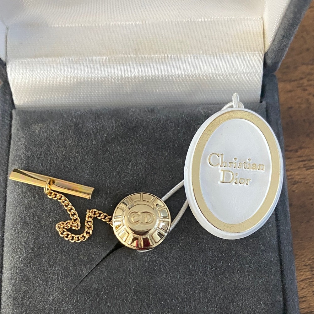 Dior Gold and Silver Tie Clip and Dior Gold Tie Pin with Chain in the box - Picture 2 of 6